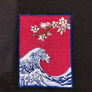 Red Embroidered Patch with Wave and Flowers Iron On
